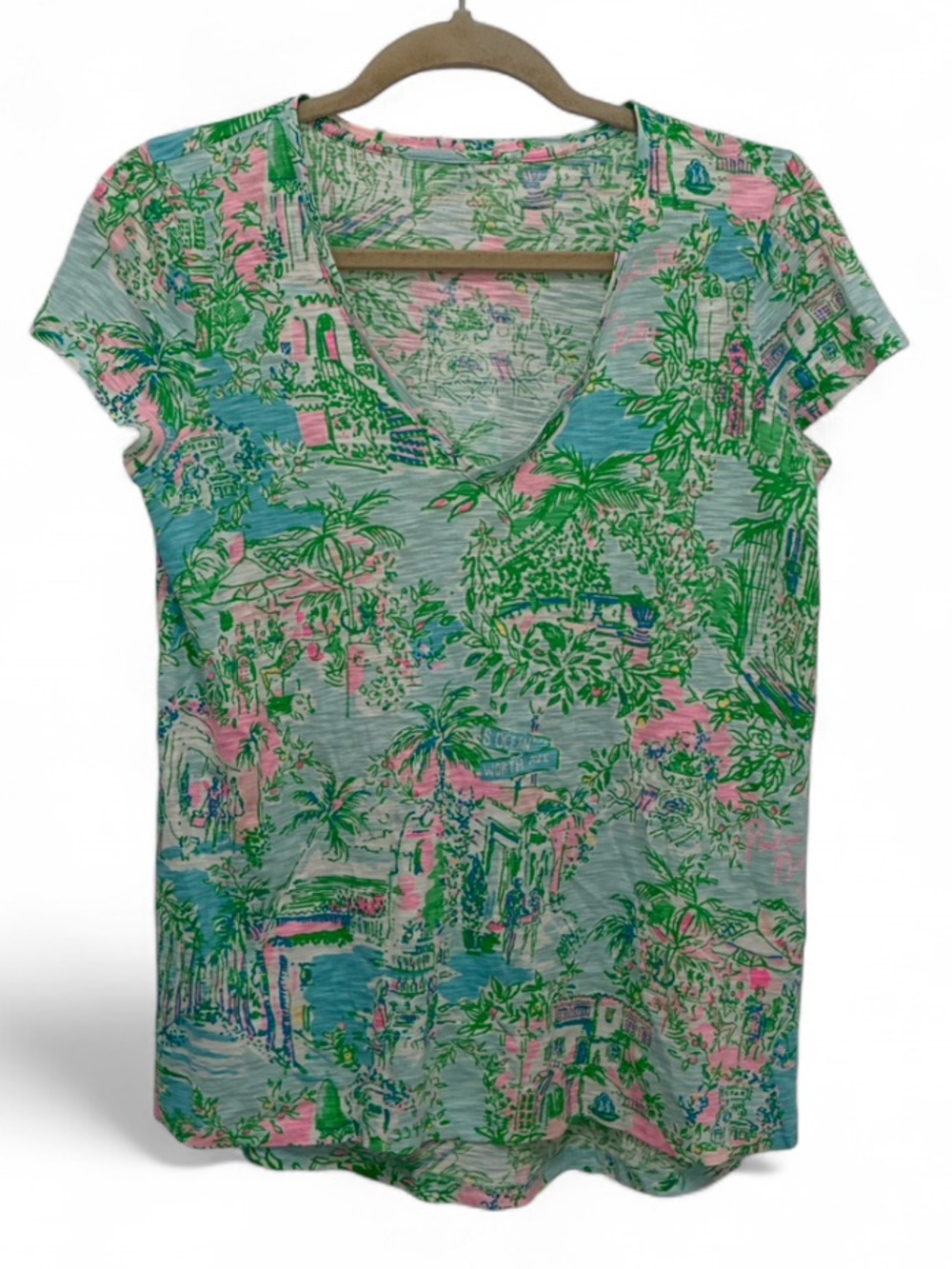 Lilly Pulitzer Etta Green & Pink Tropical V-Neck Short Sleeve Tee Shirt
